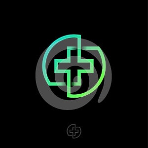 Pharmacy cross icon. Pharmacy logo. Green medicine cross consist of crossed lines in a circle.