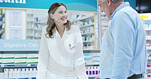 Pharmacy, customer and prescription medicine at counter for healthcare and wellness. A medical worker or pharmacist