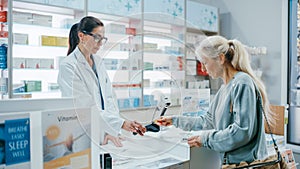 Pharmacy Drugstore Checkout Cashier Counter: Female Pharmacist Service Beautiful Senior Female