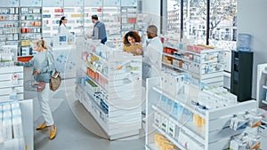 Pharmacy Drugstore: Diverse Group of Multi-Ethnic Customers Browsing for Medicine, Drugs, Vitamins