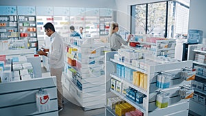 Pharmacy Drugstore: Diverse Group of Multi-Ethnic Customers Browsing, Purchasing Medicine, Drugs