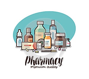 Pharmacy, drugstore label. Medical supplies, bottles liquids, pills, capsules icon or logo. Lettering vector photo