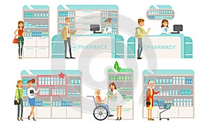 Pharmacy or Drugstore Modern Interior with Pharmacist and Shelves with Medicines, People Buying Medications Flat Vector