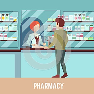 Pharmacy drugstore with pharmacist and customer. Health care concept vector background