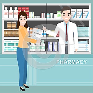 Pharmacy or drugstore with pharmacist and woman holding prescriptions photo