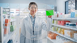 Pharmacy Drugstore: Portrait of Professional Asian Female Pharmacist Holding Mock-up Template