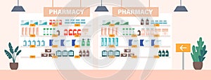 Pharmacy Drugstore Shelf, Rack with Medicine Retail Products, Shop Showcase With Pharmaceutical Pills, Remedy and Packs