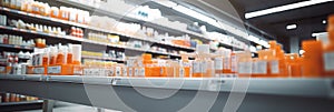 pharmacy drugstore shelves interior blurred abstract background with copy space