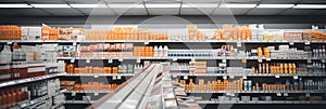 pharmacy drugstore shelves interior blurred abstract background with copy space