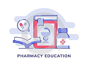 Pharmacy education open book drug pharmacy white isolated background with flat color outline style