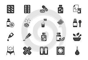 Pharmacy flat icons. Vector illustration include icon - rx, effervescent pill, blister, sachet, bandage, capsule bottle