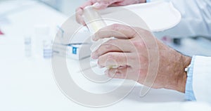 Pharmacy, hands and man counting pills on a tray for healthcare or drugs prescription. Male medical worker or pharmacist