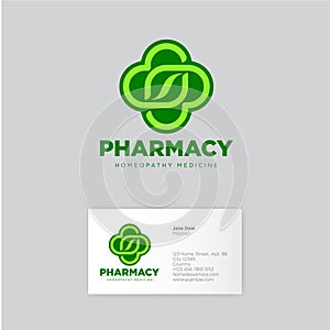 Pharmacy homeopathy logo. Green icon. Herbal Pharmacy emblem. Identity. Business card.