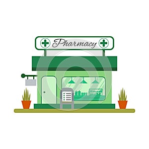 Pharmacy house icon in flat style. Drugstore vitrine - vector illustration.