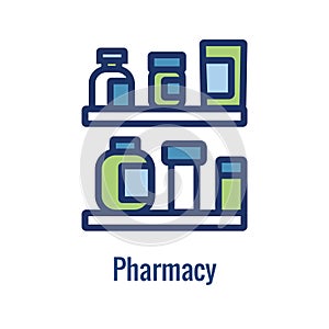 Pharmacy icon with an aspec of the pharma business - outline icon