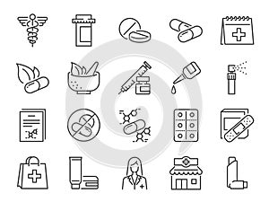 Pharmacy icon set. Included the icons as medical staff, drug, pills, medicine capsule, herbal medicines, pharmacist, drugstore an