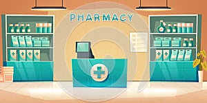Pharmacy interior with counter and drug on shelves