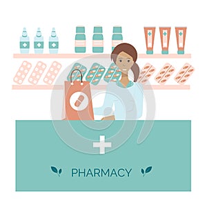 Pharmacy interior with druggist flat vector illustration