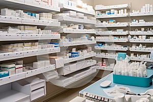 Pharmacy Interior with shelves full of packages with medicine and supplements