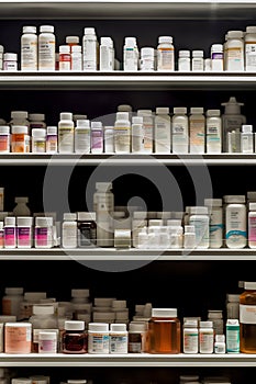 Pharmacy Interior with shelves full of packages with medicine and supplements