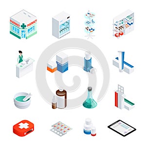 Pharmacy Isometric Icons Set