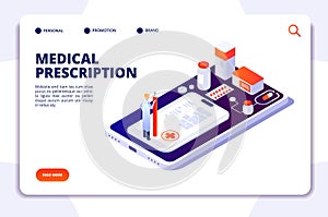 Pharmacy isometric landing page. Pharmacist and customer buying pills in drugstore. Medicine and healthcare vector 3d