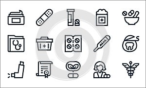 pharmacy line icons. linear set. quality vector line set such as caduceus, herbal, inhalator, pharmacist, certificate, medical photo
