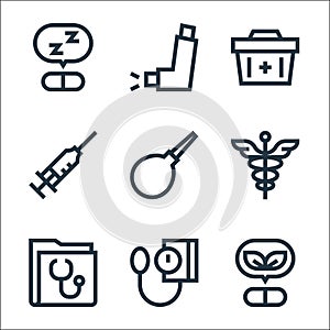 pharmacy line icons. linear set. quality vector line set such as herbal, blood pressure gauge, medical folder, caduceus, enema,