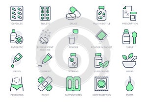 Pharmacy line icons. Vector illustration include icon - rx, effervescent pill, blister, sachet, bandage, capsule bottle