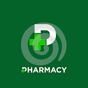 Pharmacy logo. Letter P with pharmacy cross icon, isolated on a dark-green background.