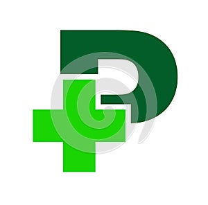 Pharmacy logo. Letter P with pharmacy cross icon vector, isolated on a dark-green background.