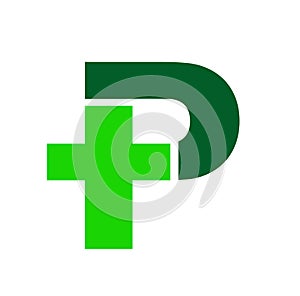 Pharmacy logo. Letter P with pharmacy cross icon vector, isolated on a dark-green background.