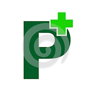 Pharmacy logo. Letter P with pharmacy cross icon vector, isolated on a dark-green background.