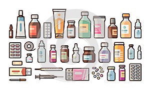 Pharmacy, medication, bottles, pills, capsules set icons. Drugstore, medicine, hospital concept. Vector illustration in