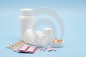 Pharmacy and medicine concept, Pharmaceutical medicament, cure in container for health, capsule pills and medicine antibiotic