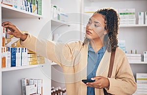 Pharmacy, medicine and female customer choosing healthcare products or drugs in a drugstore. Dispensary, medical and