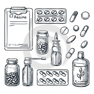 Pharmacy, medicine and healthcare sketch illustration. Pills, drugs, bottles, prescription design elements