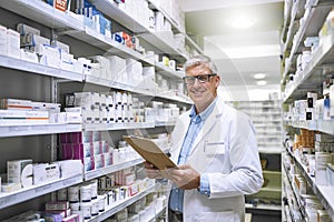 Pharmacy, medicine and portrait of man and clipboard store for checklist, inspection and inventory. Medical, healthcare