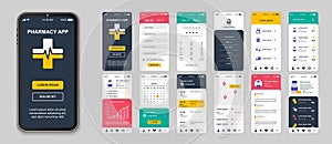 Pharmacy mobile app screens set for web templates. Pack of login, online diagnostic, prescription, ordering drugs, tracking and