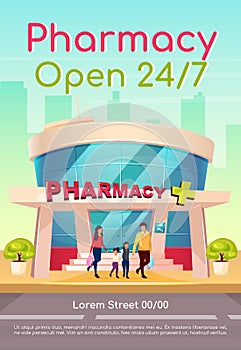 Pharmacy open 24 7 poster flat vector template