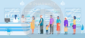 Pharmacy, people medicines buyers queue, pharmacists sellers vector illustration.