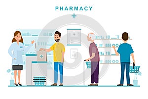 pharmacy with pharmacist and client in counter