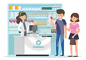 Pharmacy with pharmacist in counter