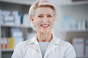 Pharmacy, pharmacist portrait and smile of woman in drugstore or medicine shop. Healthcare, doctor face and happy, proud