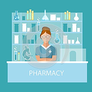 Pharmacy pharmacist standing in drugstore selling pills