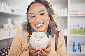 Pharmacy, piggy bank and portrait of woman with money, financial savings and payment for medical products. Healthcare