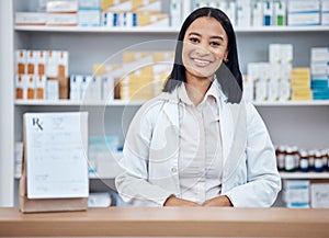 Pharmacy portrait, medicine pills and pharmacist in drugs store, pharmaceutical shop or healthcare dispensary. Hospital