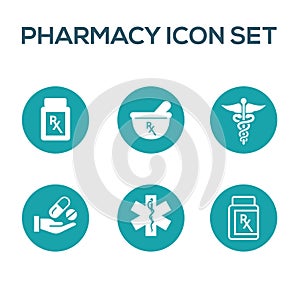 Pharmacy and Prescription Icon Set with mortar and pestle, star of life, pills, and caduceus