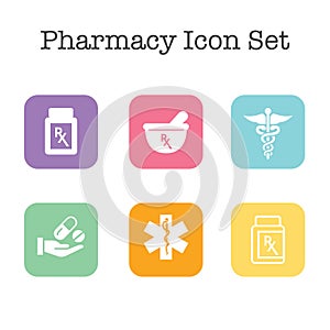 Pharmacy and Prescription Icon Set with mortar and pestle, star of life, pills, and caduceus photo