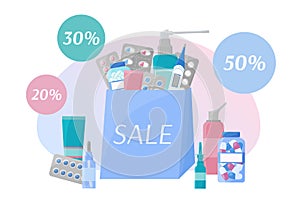 Pharmacy Sale vector banner. Purchase of medicines concept. Pharmacy products in bag and discount percents. Set of piles, capsules